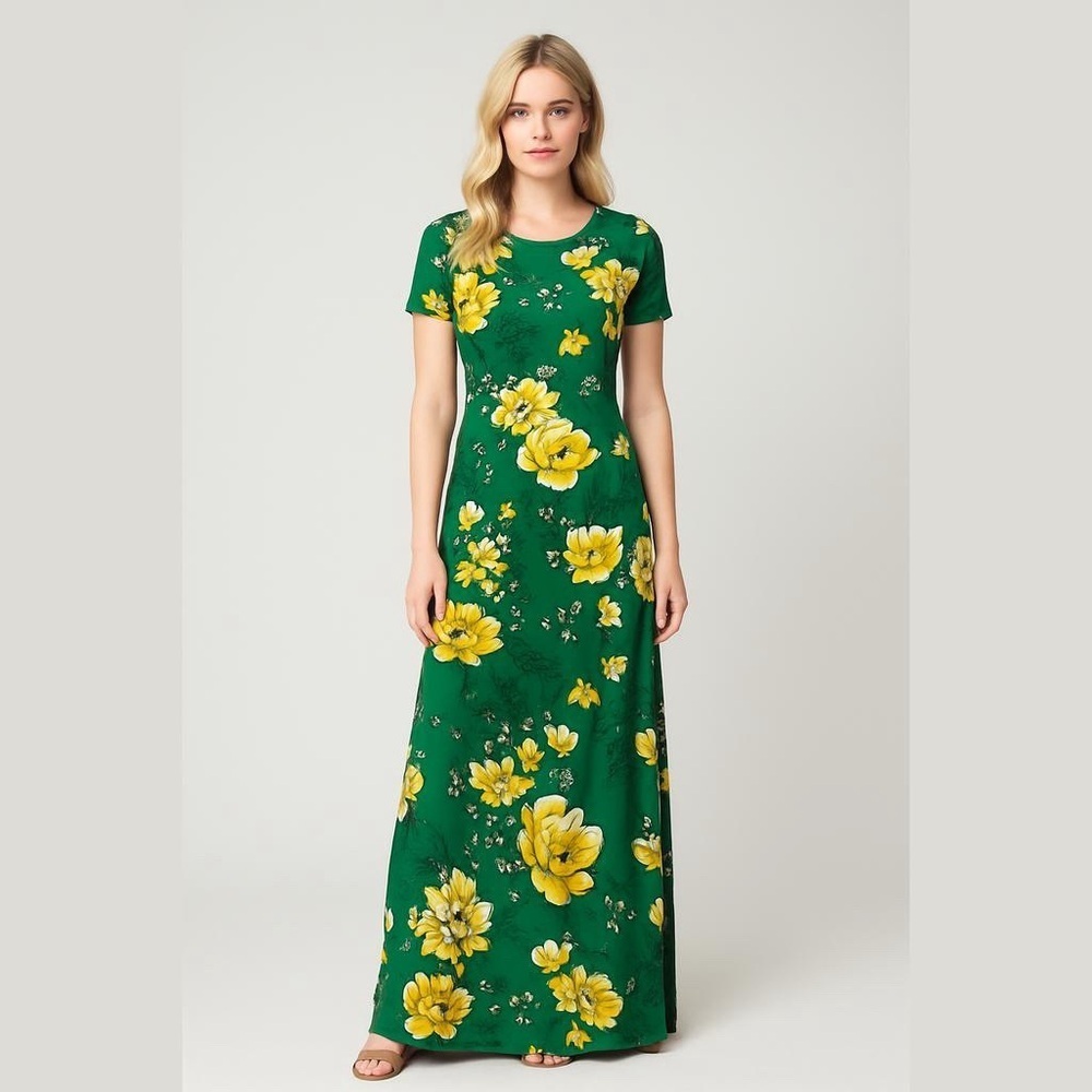 G.I.L.I. Green Floral Maxi Dress Size XS Short Sleeve Side Slits Lined NWOT